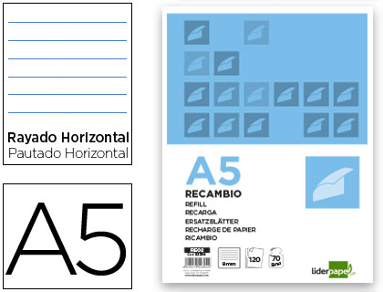 Recambio Liderpapel A5 120h 80g/m² raya horizontal 6 taladros banda 5 colores